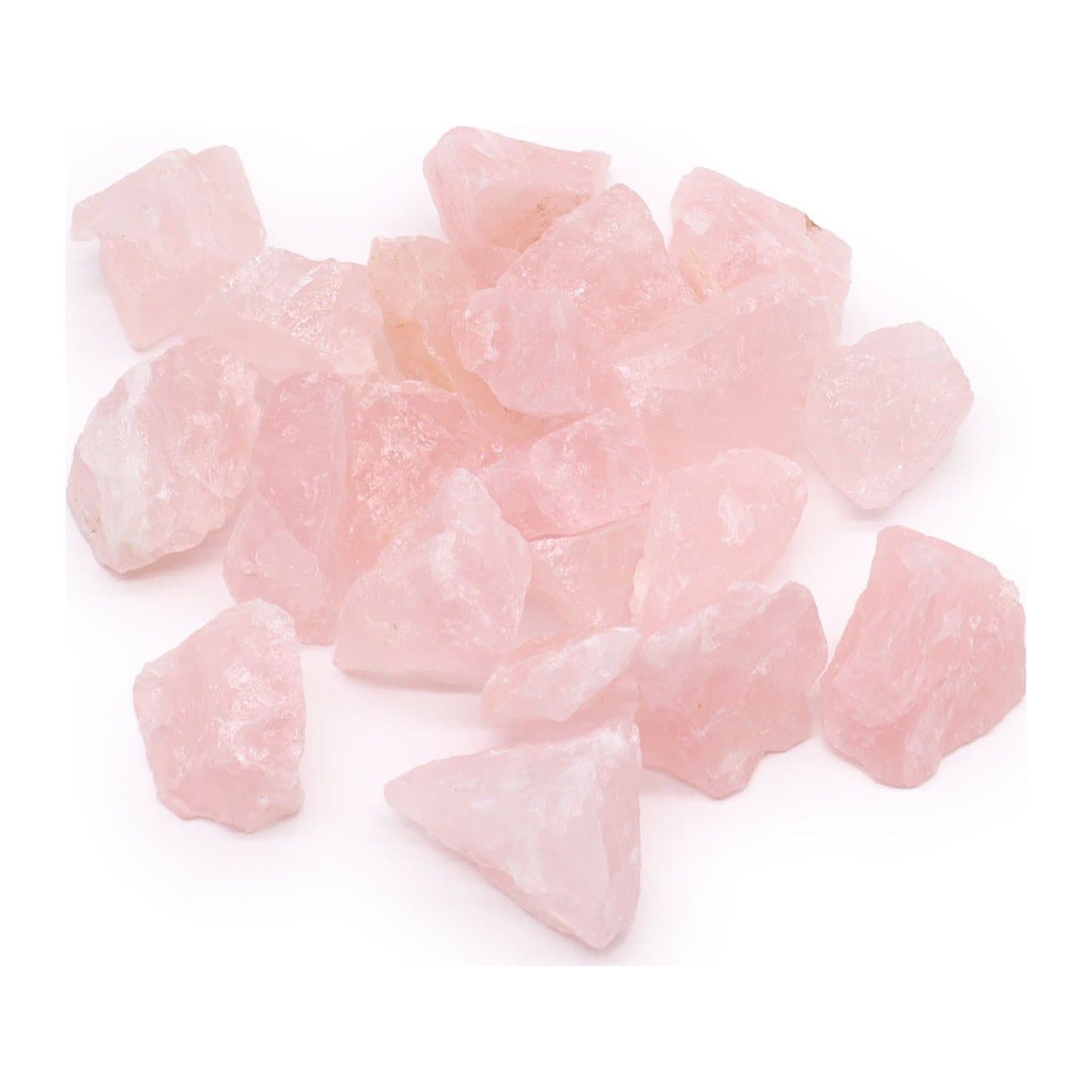 Pile of raw pink rose quartz crystals