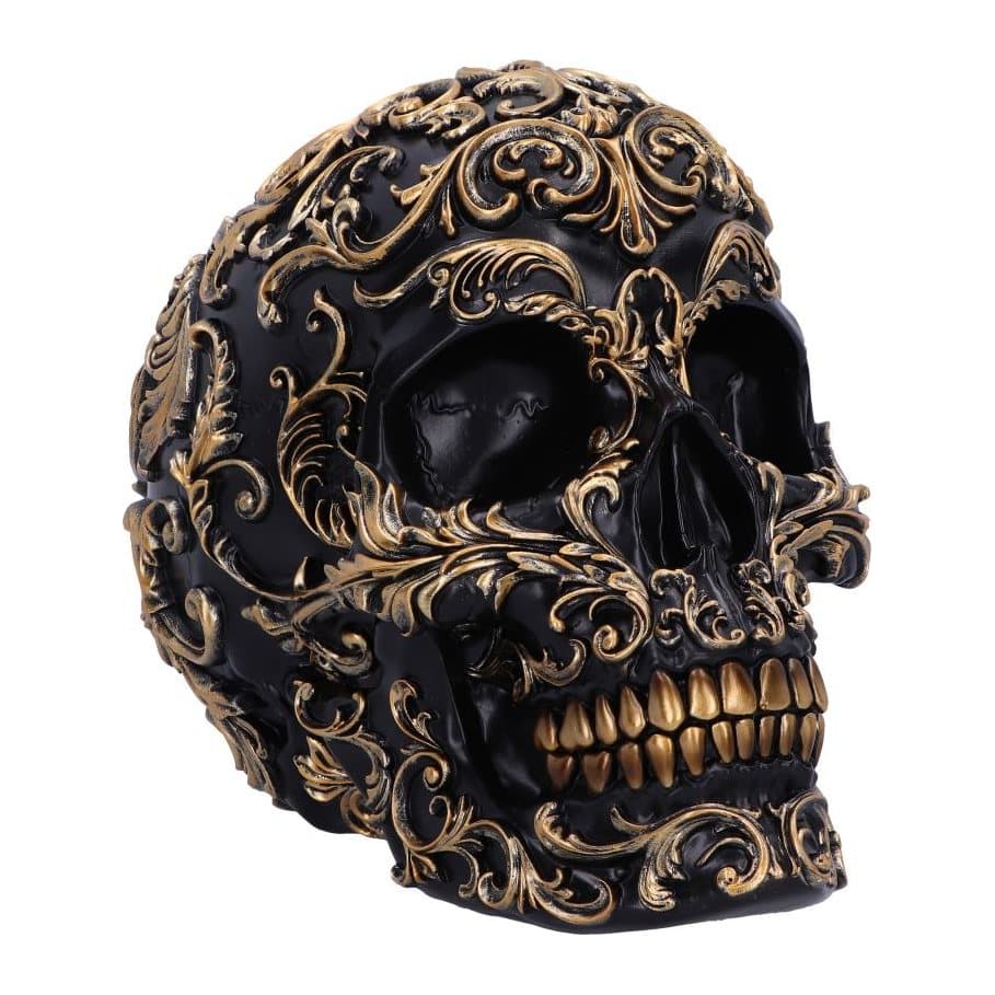 Black resin skull with gold Baroque designs and gold teeth