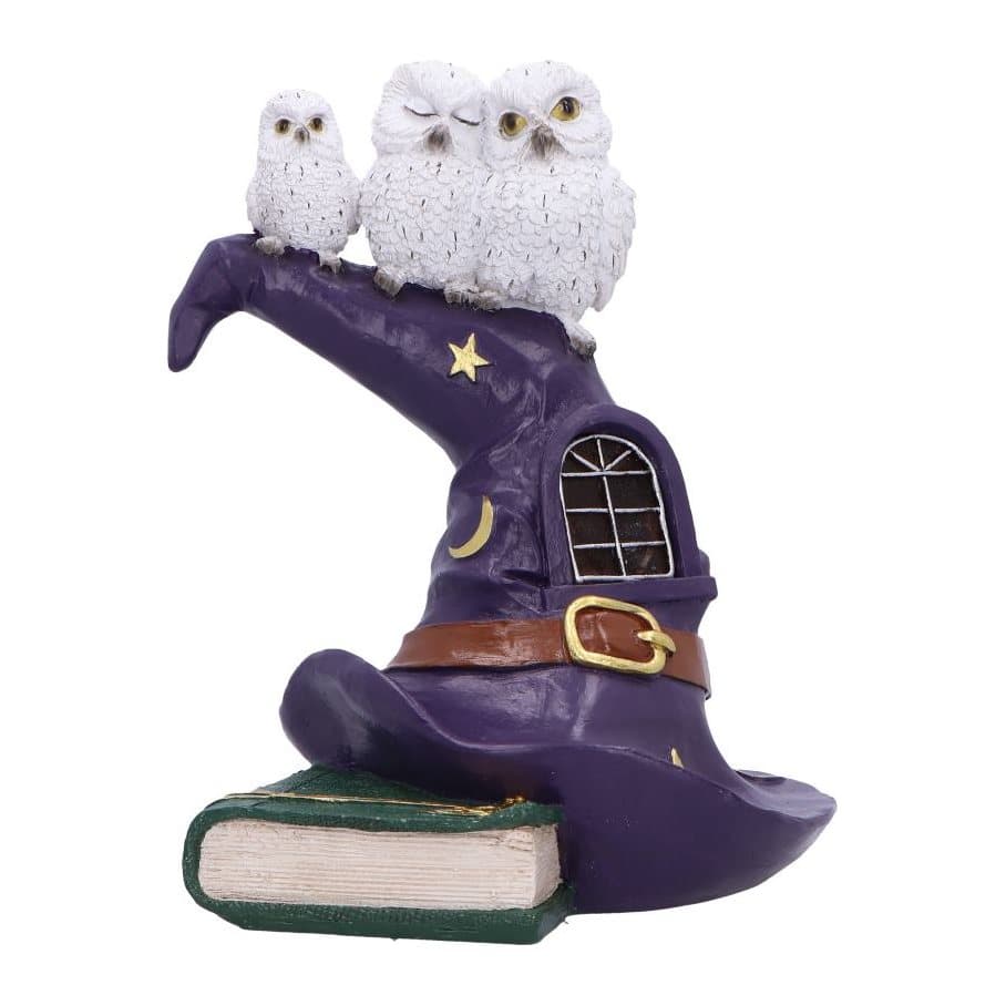 Three white owls on a purple witch's hat with a glowing window and spell book