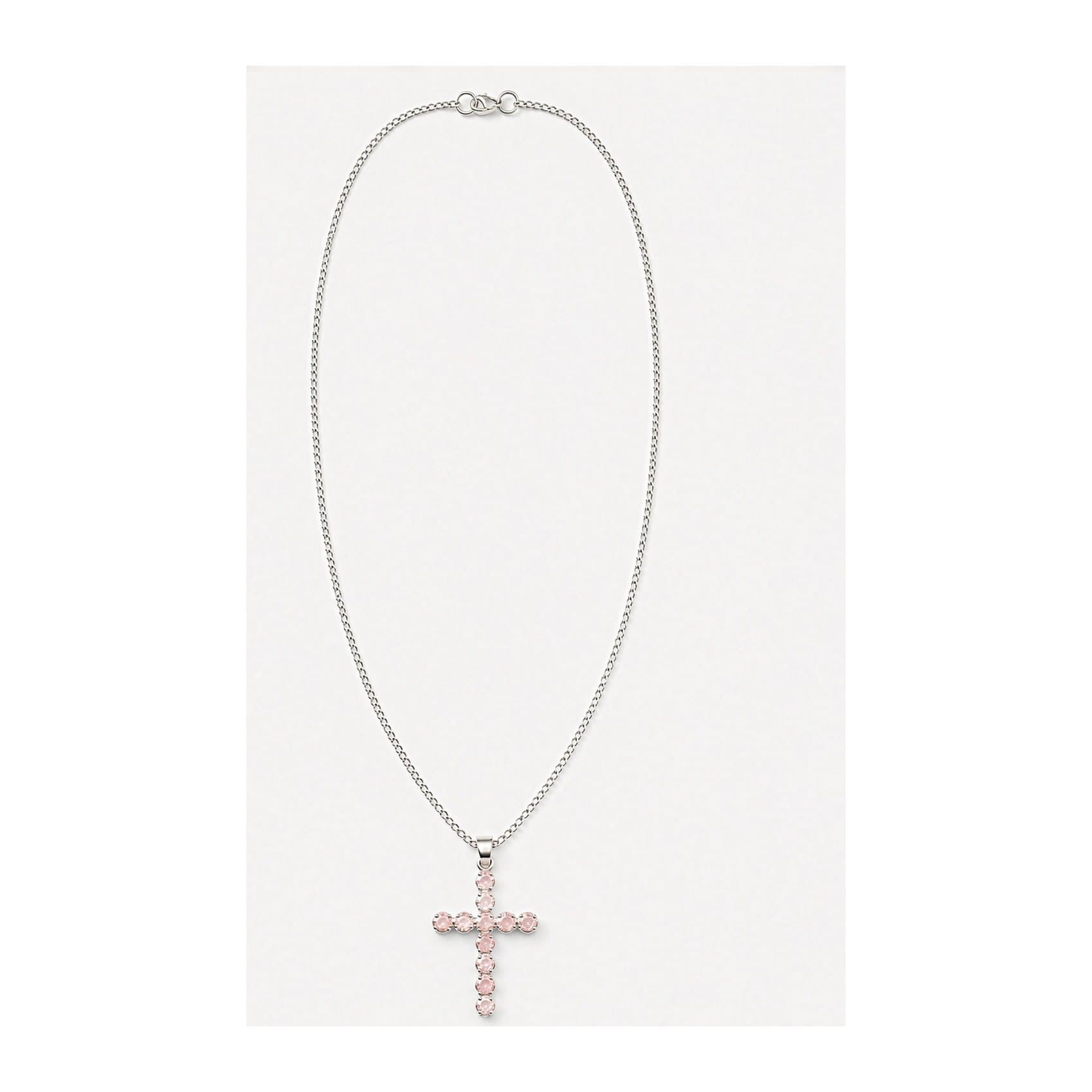 Silver-plated crucifix pendant with pale pink stones on a chain