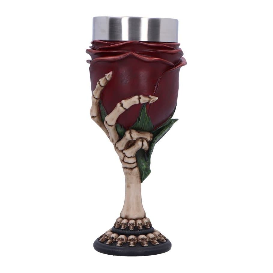Red rose goblet held by a skeletal hand with skulls on the base