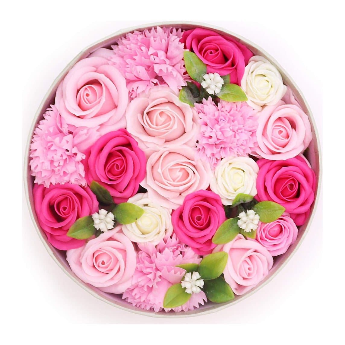 Round box of handcrafted soap flowers in baby pinks, blues or white