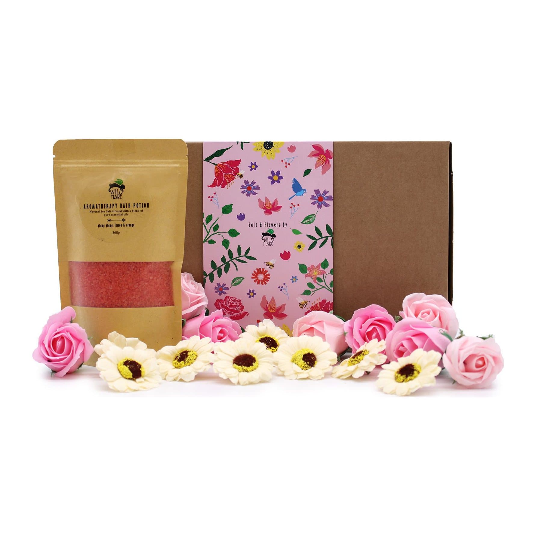 Bath salt gift set with soap roses and sunflowers in a gift box