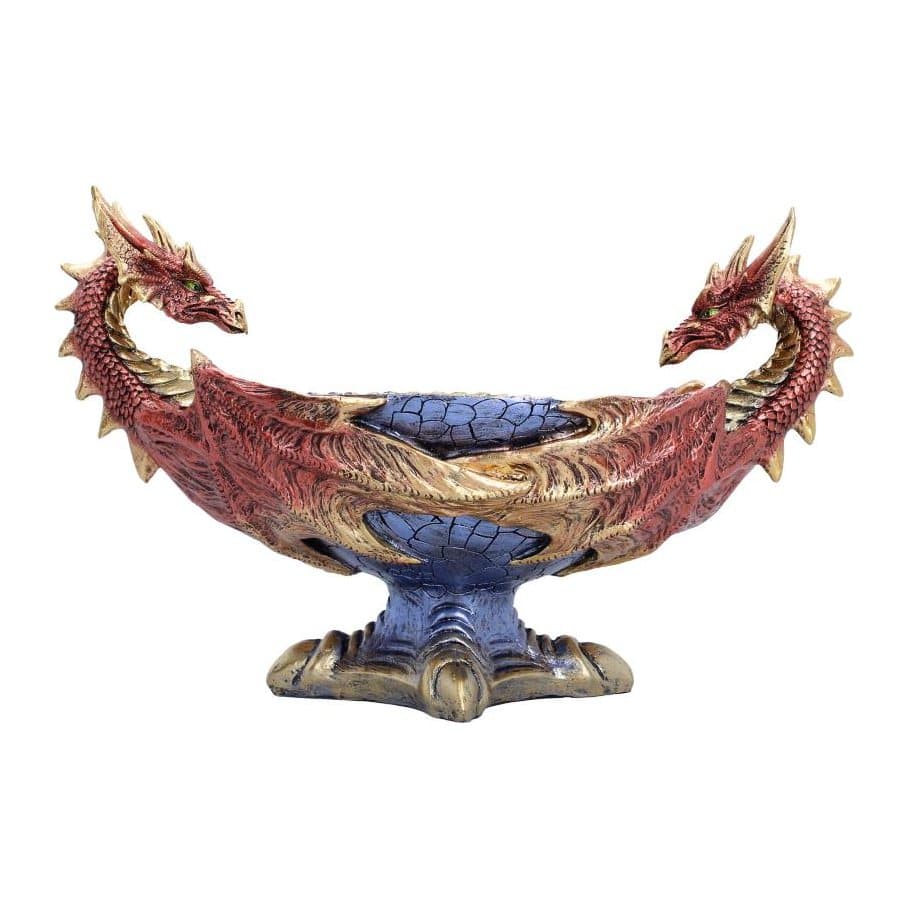 Red dragon bowl with two dragons, gold accents and a blue interior