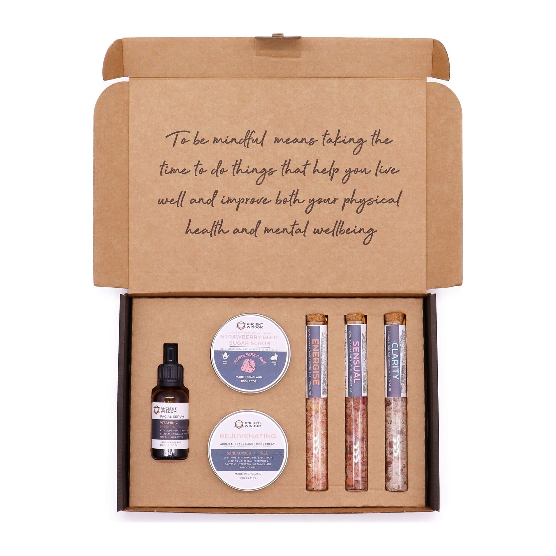 Self care pamper kit with scrub, body cream, bath salt vials and serum