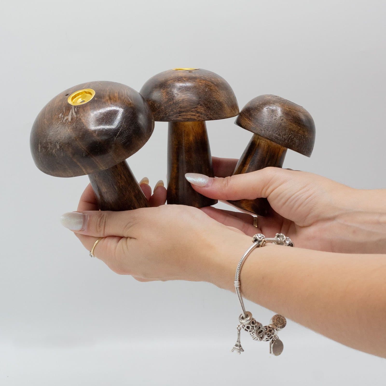Set of three wooden mushroom incense cone holders