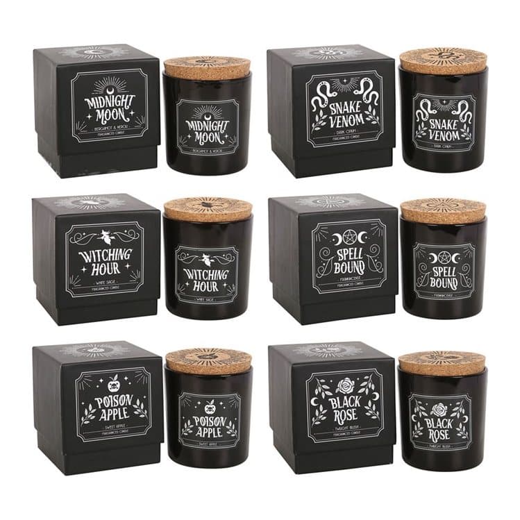 Six glass ritual candles with cork lids in paper packaging