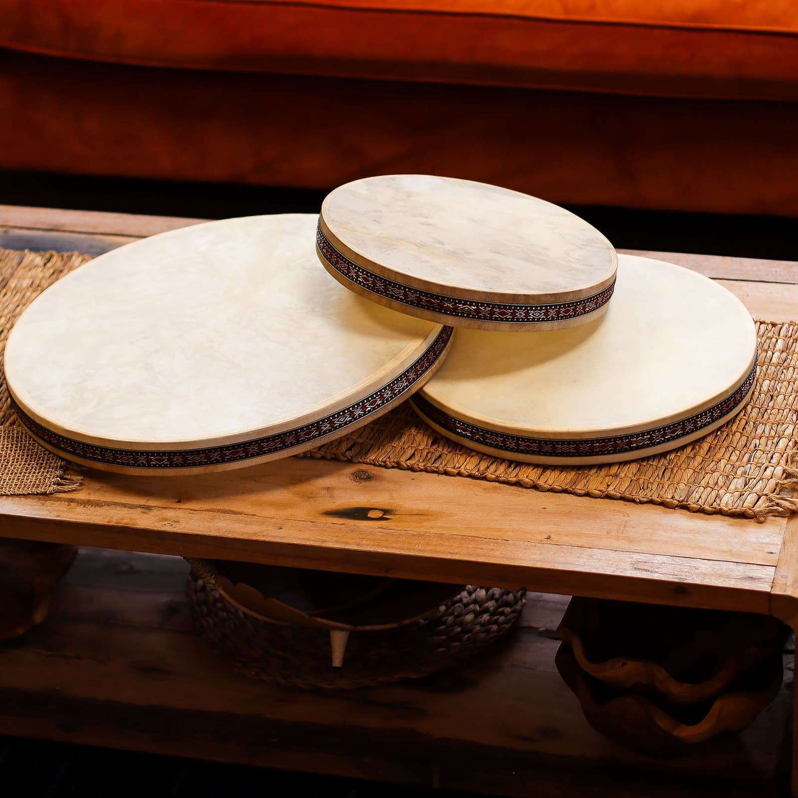 Round ocean drum with natural skin and woven edge