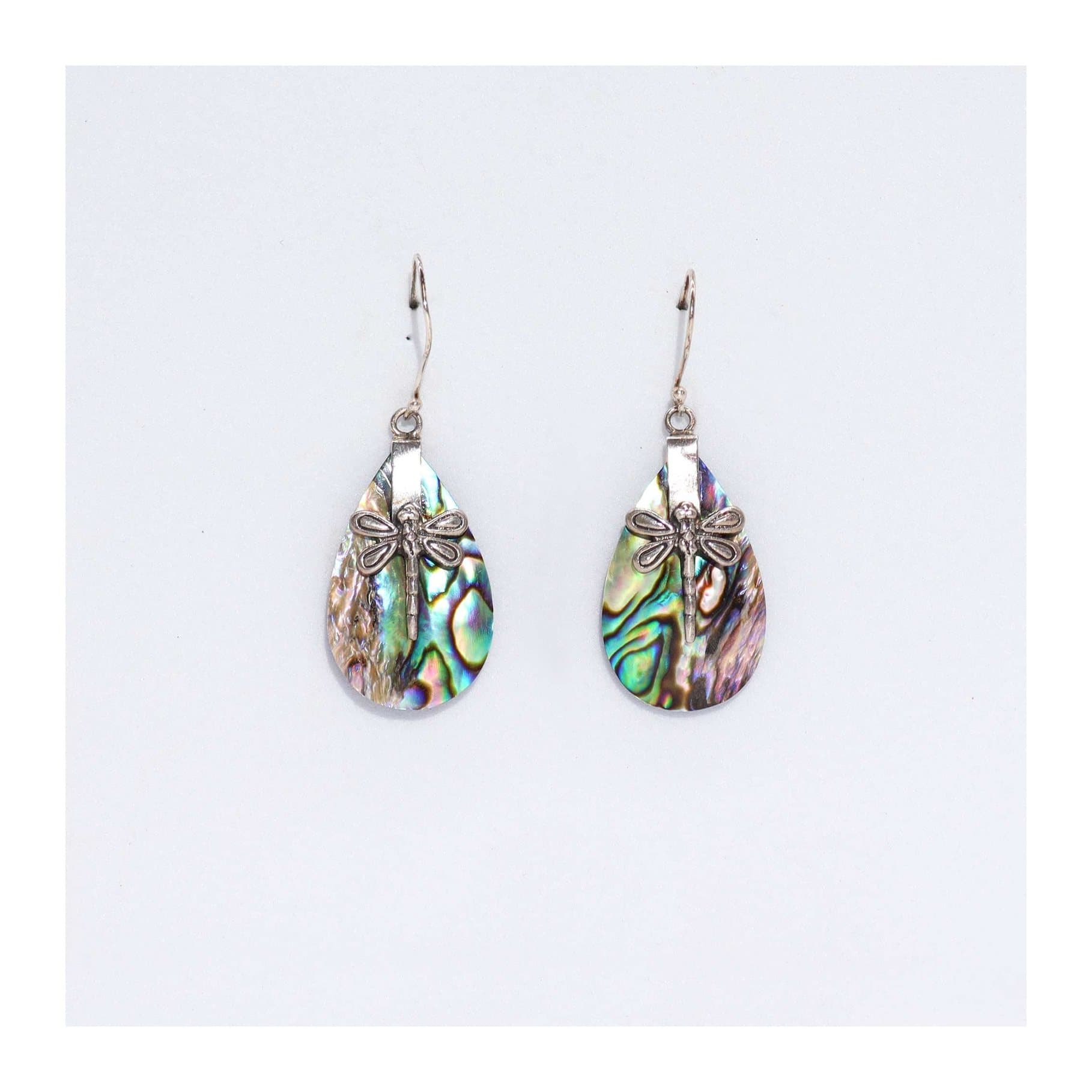 Silver and abalone shell dragonfly earrings