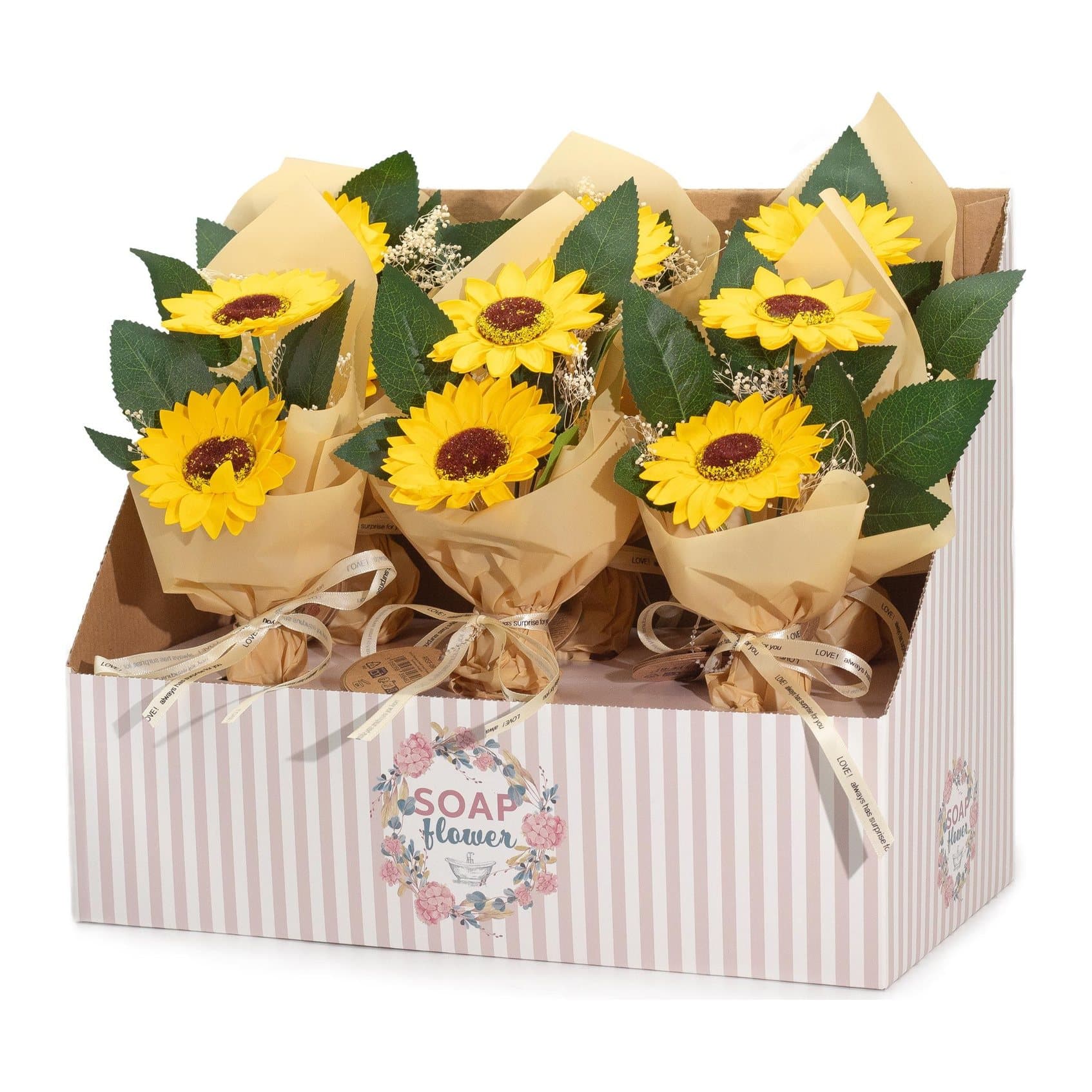 Soap flowers in sunflower, carnation and rose styles