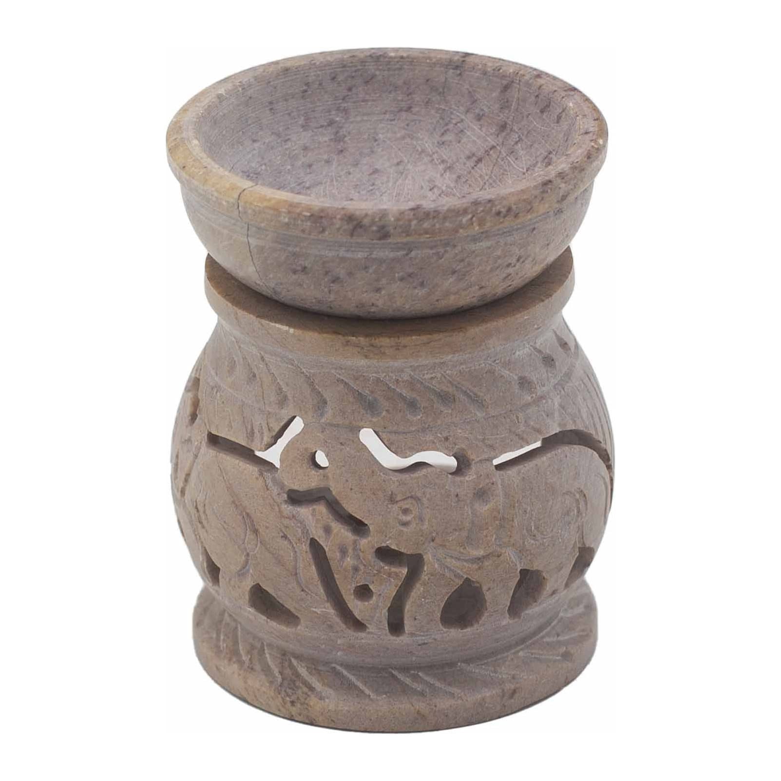 Small soapstone oil burner hand-carved with an elephant motif