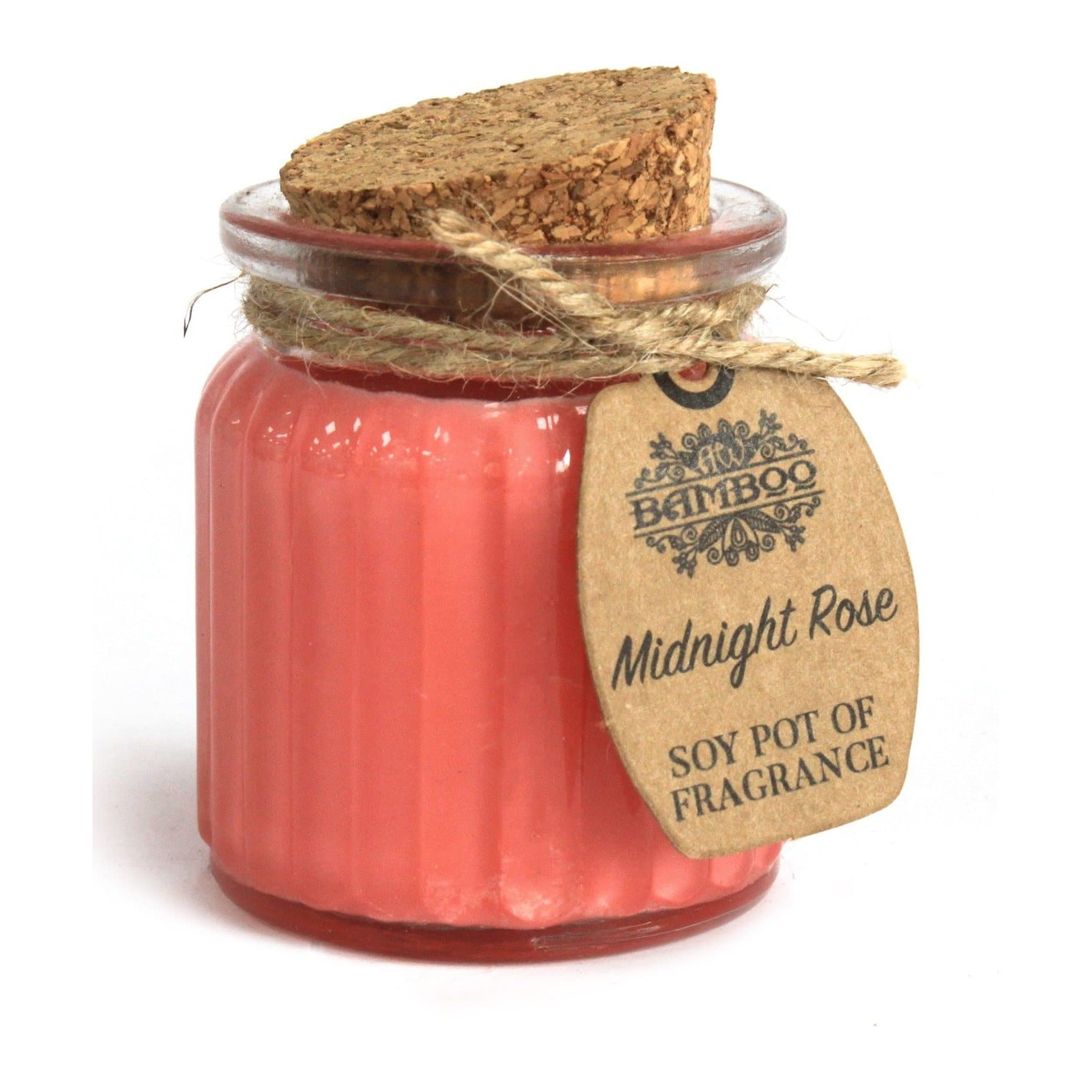 Small soy wax candle in a glass jar with cork lid and brown paper label tied with twine