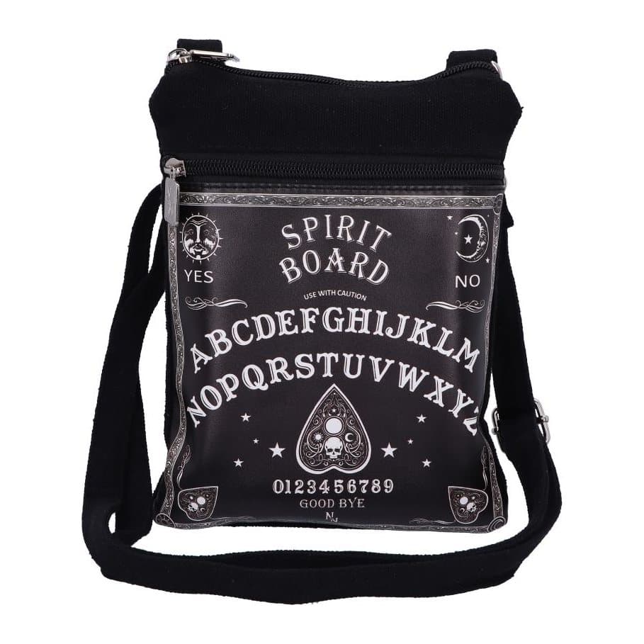 Black and white spirit board design on a shoulder bag with zip