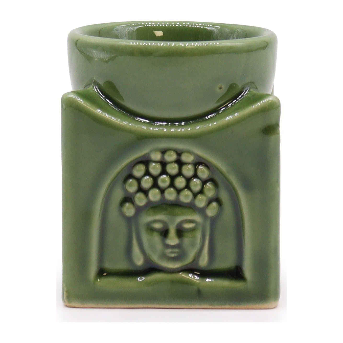 Square dark jade ceramic oil burner with a Buddha design