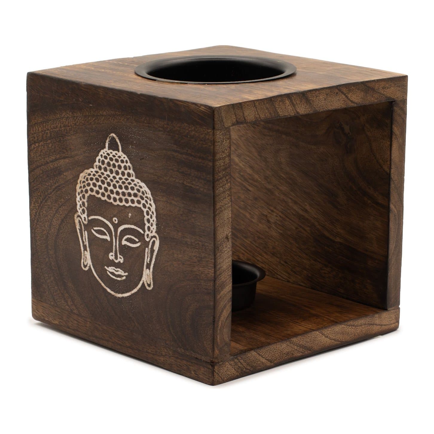 Square mango wood oil burner with a metal bowl and open frame