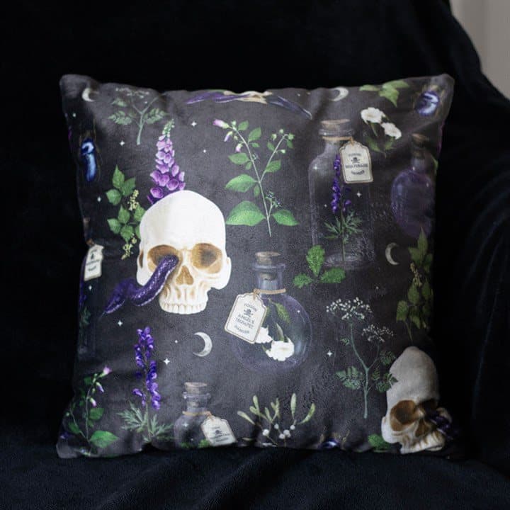 Square gothic cushion printed with skulls, serpents and poisonous plants