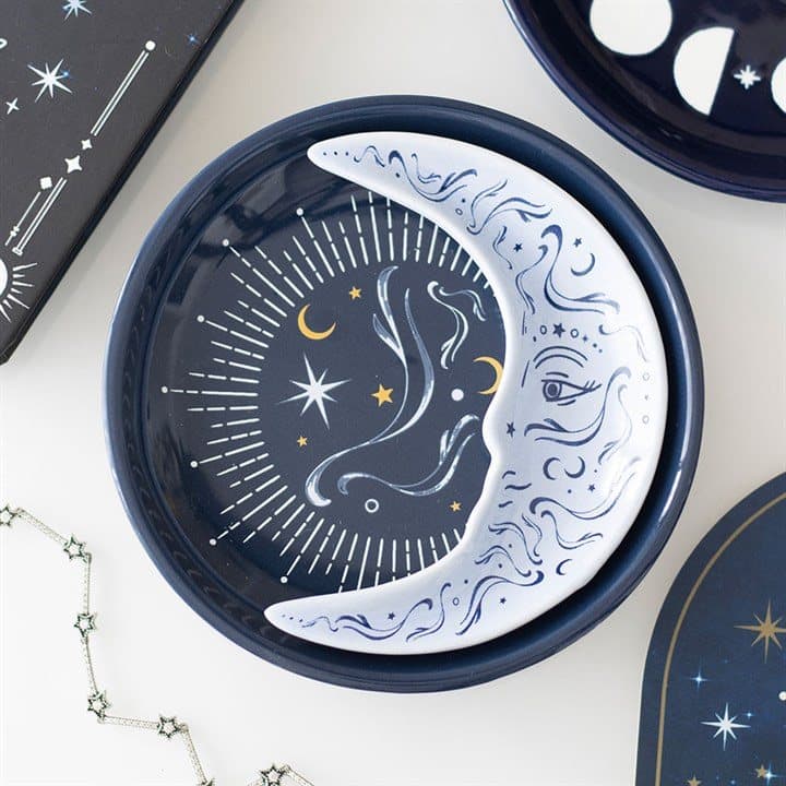 Ceramic stacking trinket dish set with two moon designs