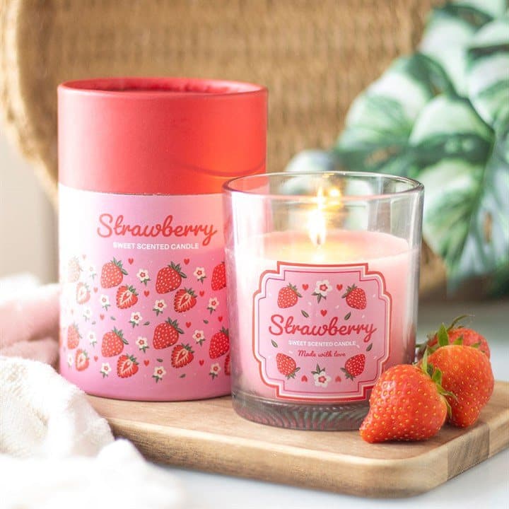 Floral and strawberry print glass candle holder with a wooden lid
