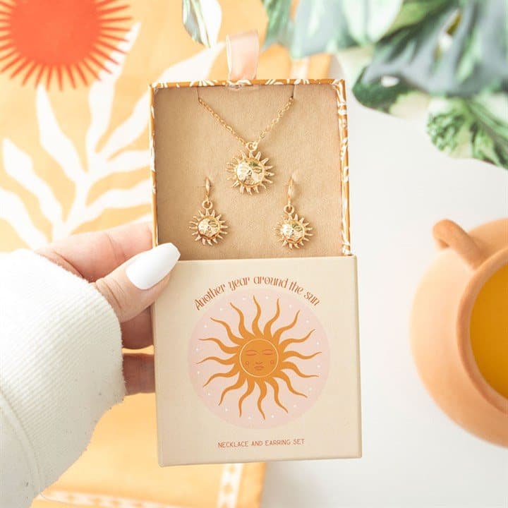 Sun necklace and dangly sun earrings with a sliding drawer box