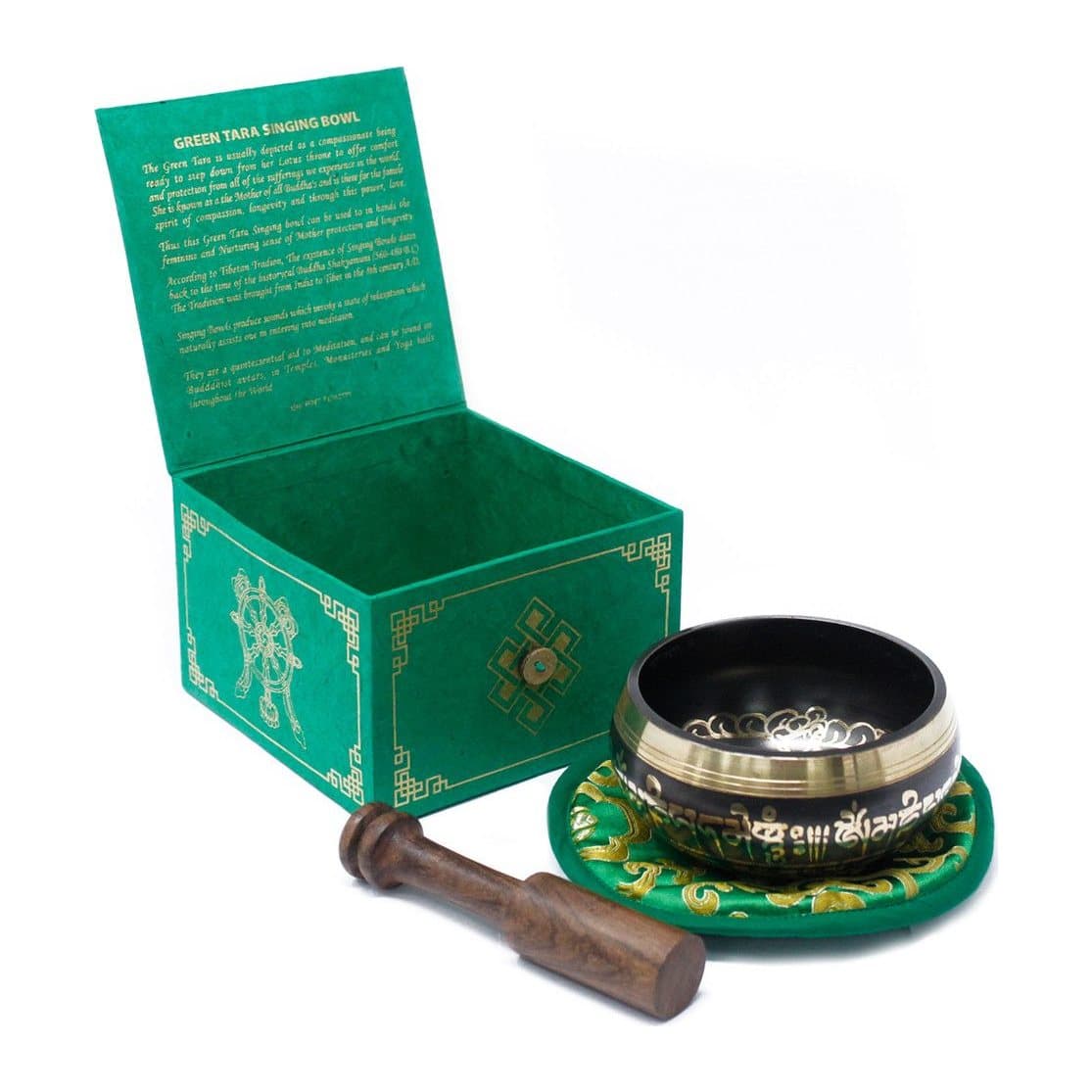 Green Tara brass singing bowl with wooden stick