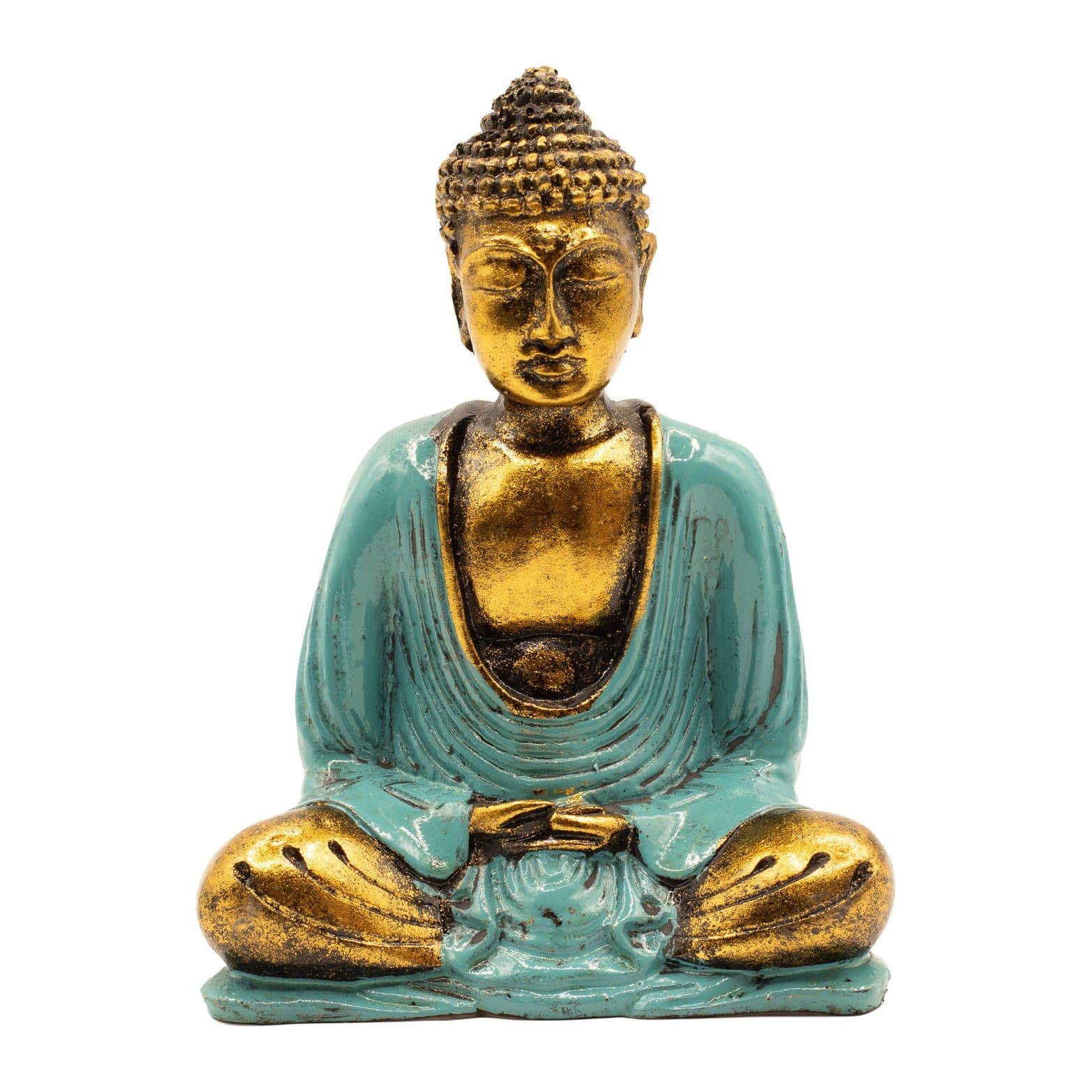 Teal and gold hand painted resin Buddha statue with hands in the lap