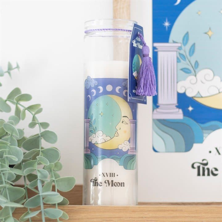 Violet tube candle with The Moon tarot card design