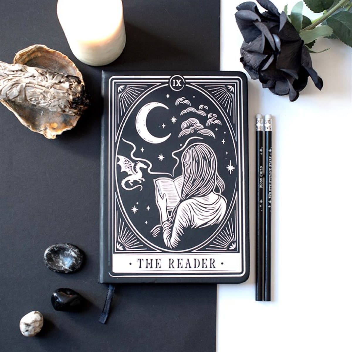 A5 notebook with tarot-style art of a moonlit reader and a dragon