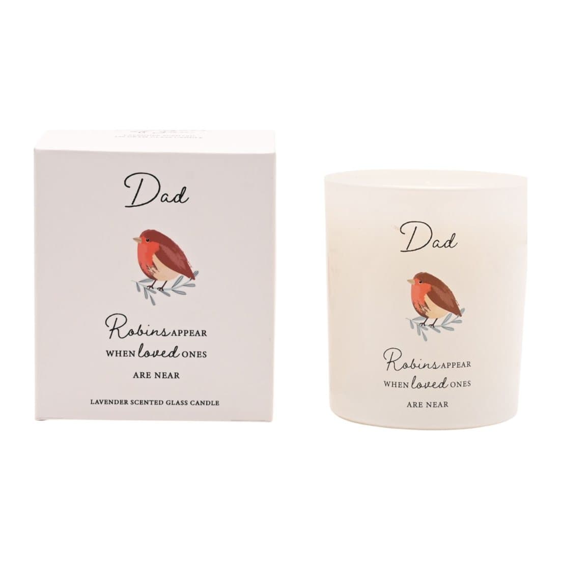 Thoughts of You candle with Dad caption and robin illustration