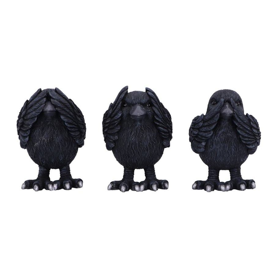 Three raven figurines covering eyes, ears and beak