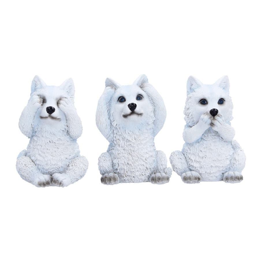 Three snow-white wolf pup figurines in See, Hear and Speak No Evil poses