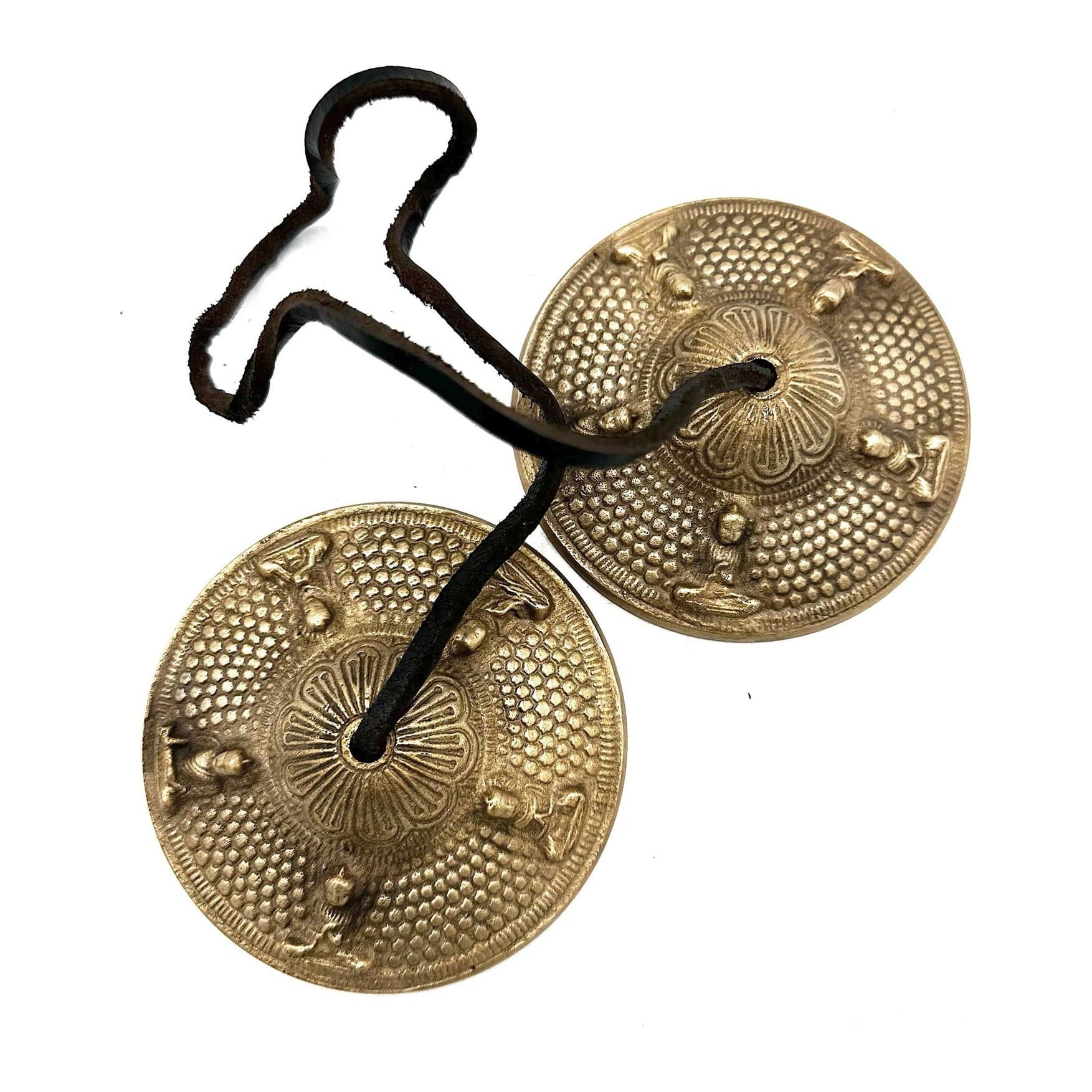 Brass Tibetan tingsha bells with Five Buddha imagery