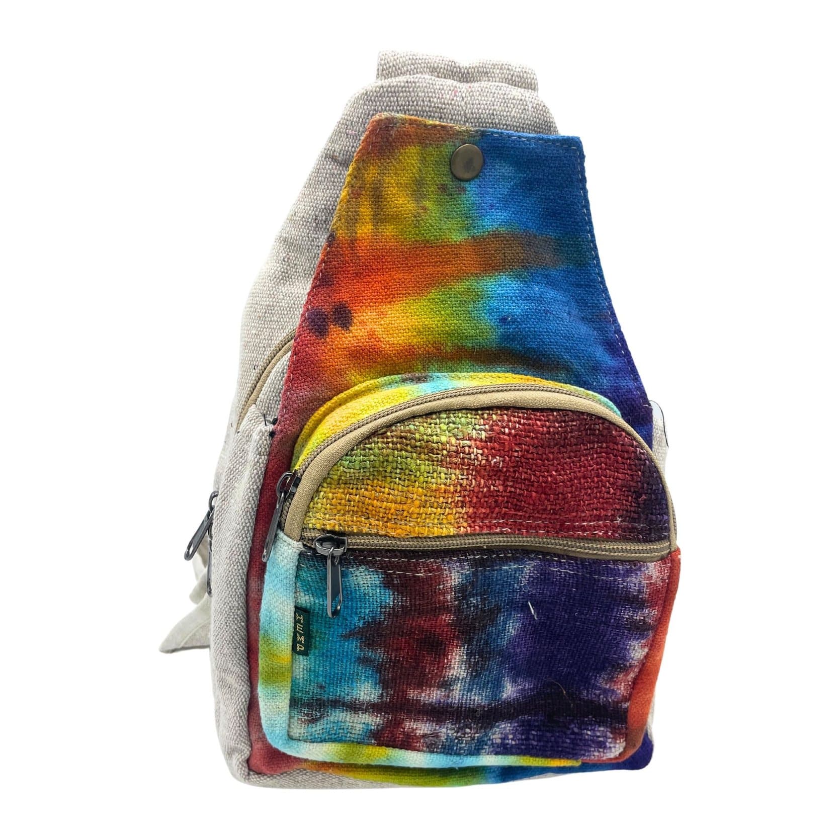 Tie-dye hemp sling shoulder bag in tie-dye and natural colours