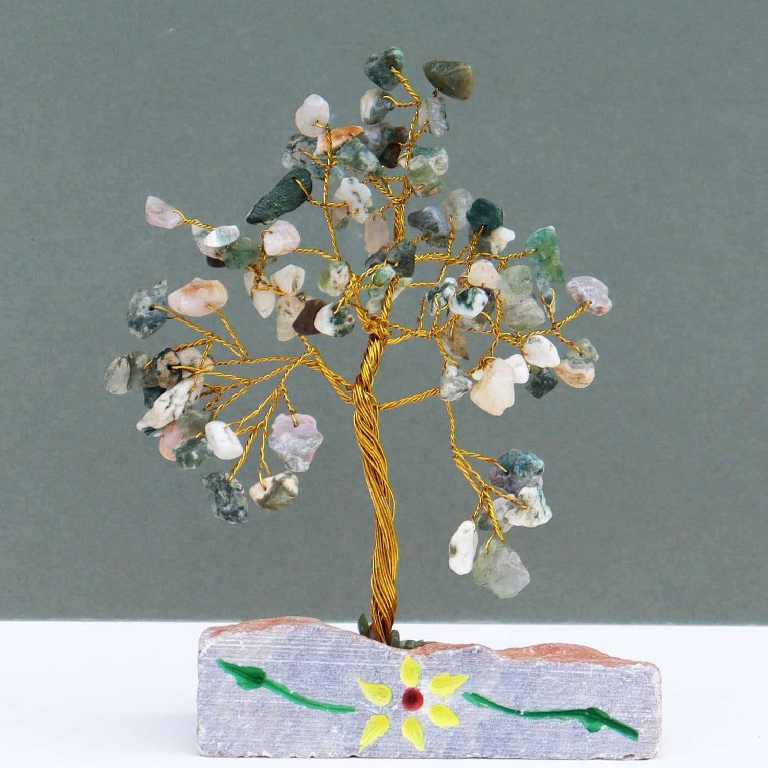 Handmade agate gemstone tree on a gemstone rock base