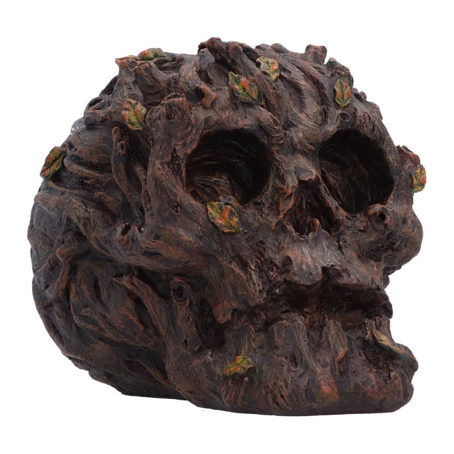 Resin skull ornament with tree bark texture and leaf accents