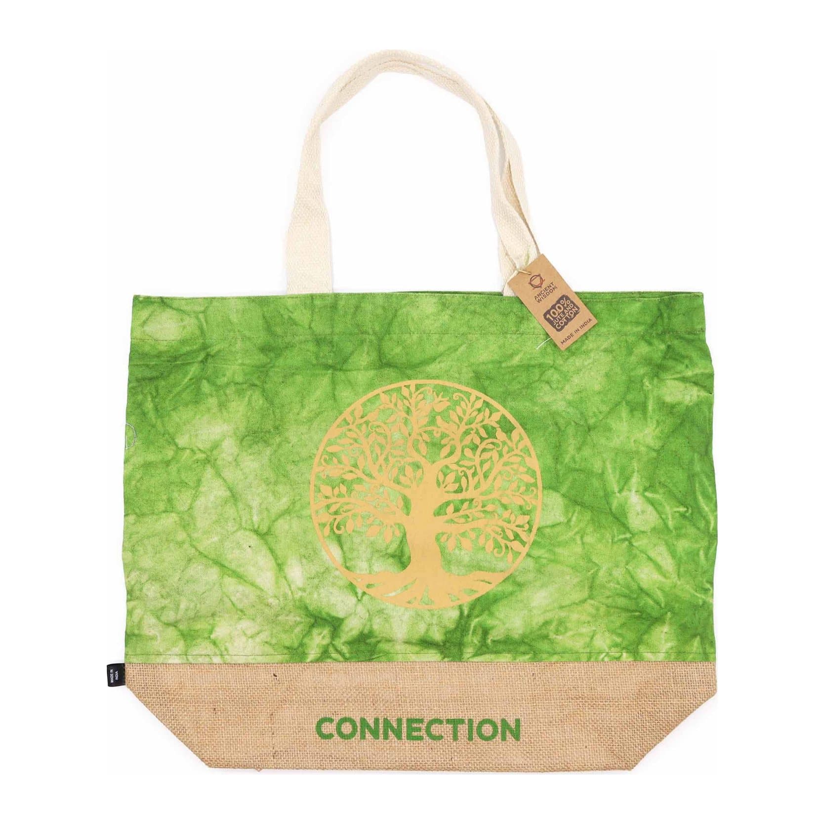 Green stonewash jute tote bag with a Tree of Life symbol on the front