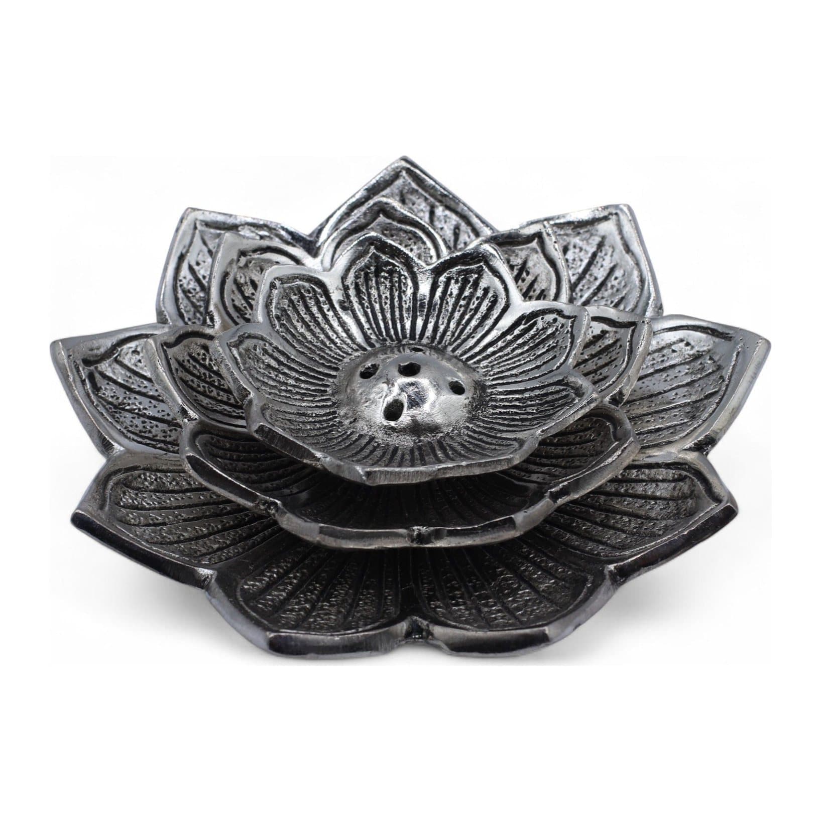Aluminium incense holder shaped as three layered lotus flowers
