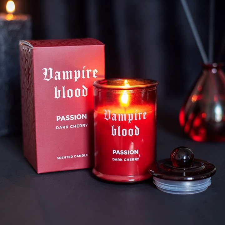 Blood red apothecary style glass jar candle labelled Passion