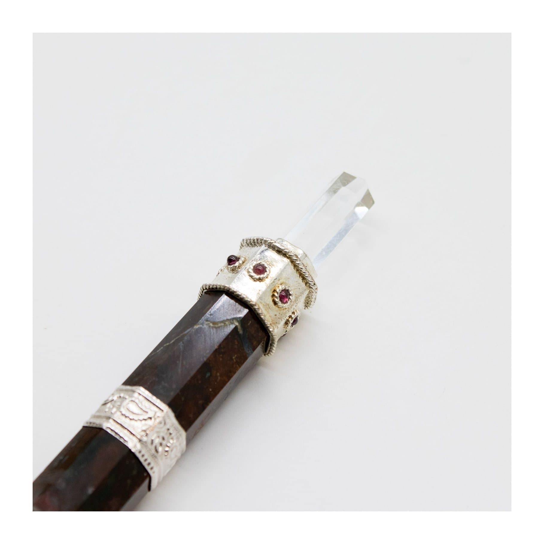 Gemstone wand with crystal points, silver-tone bands and a crystal ball top