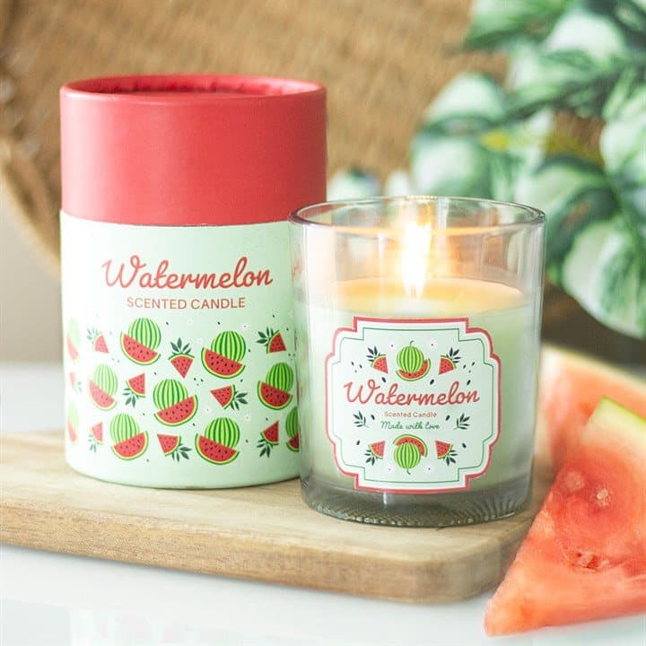 Watermelon print glass candle holder with a wooden lid