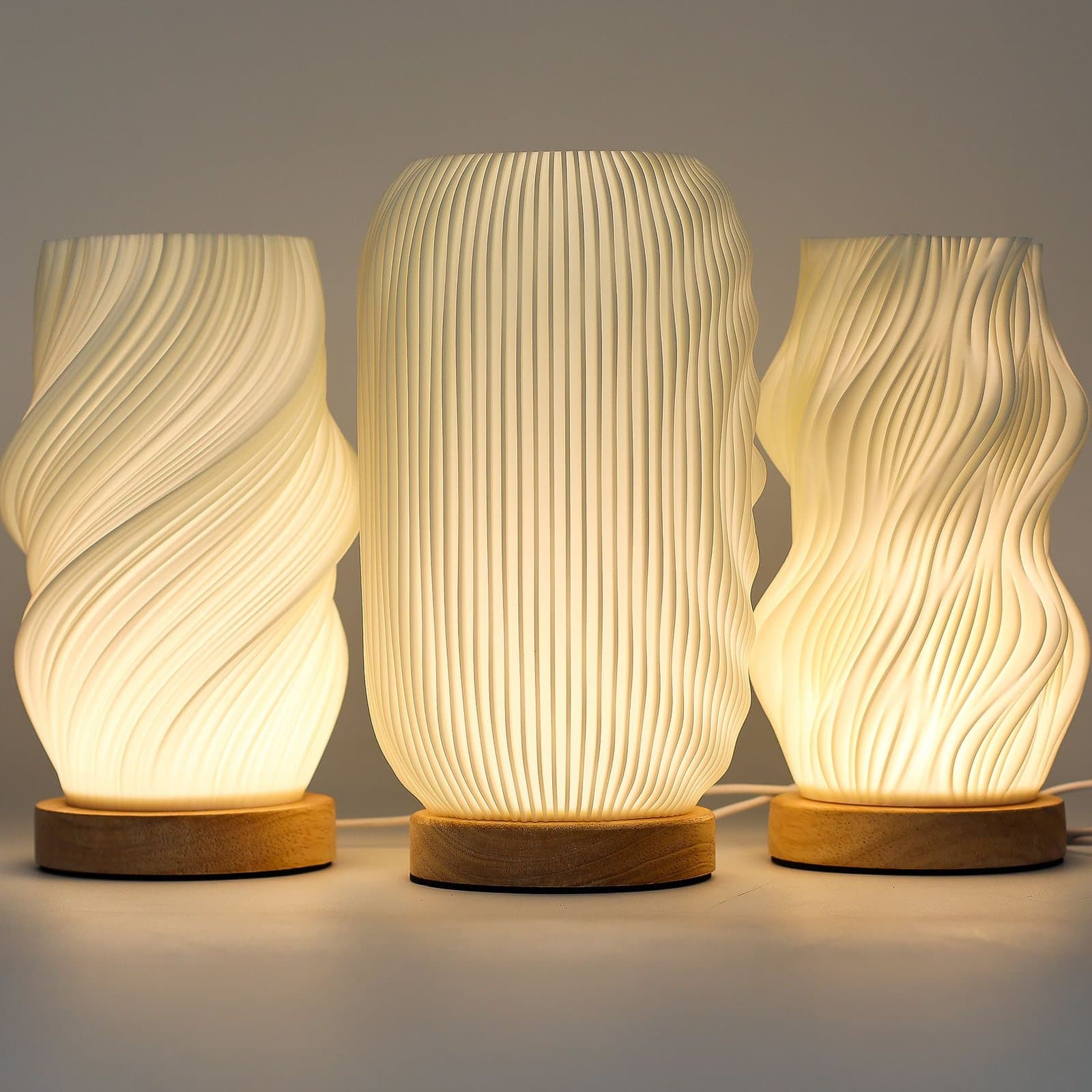 Twisted wave lamp with a wooden base