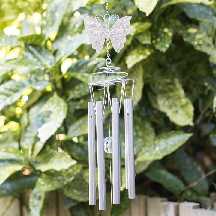 Silver and white wind chime with a resin butterfly and clear crystal