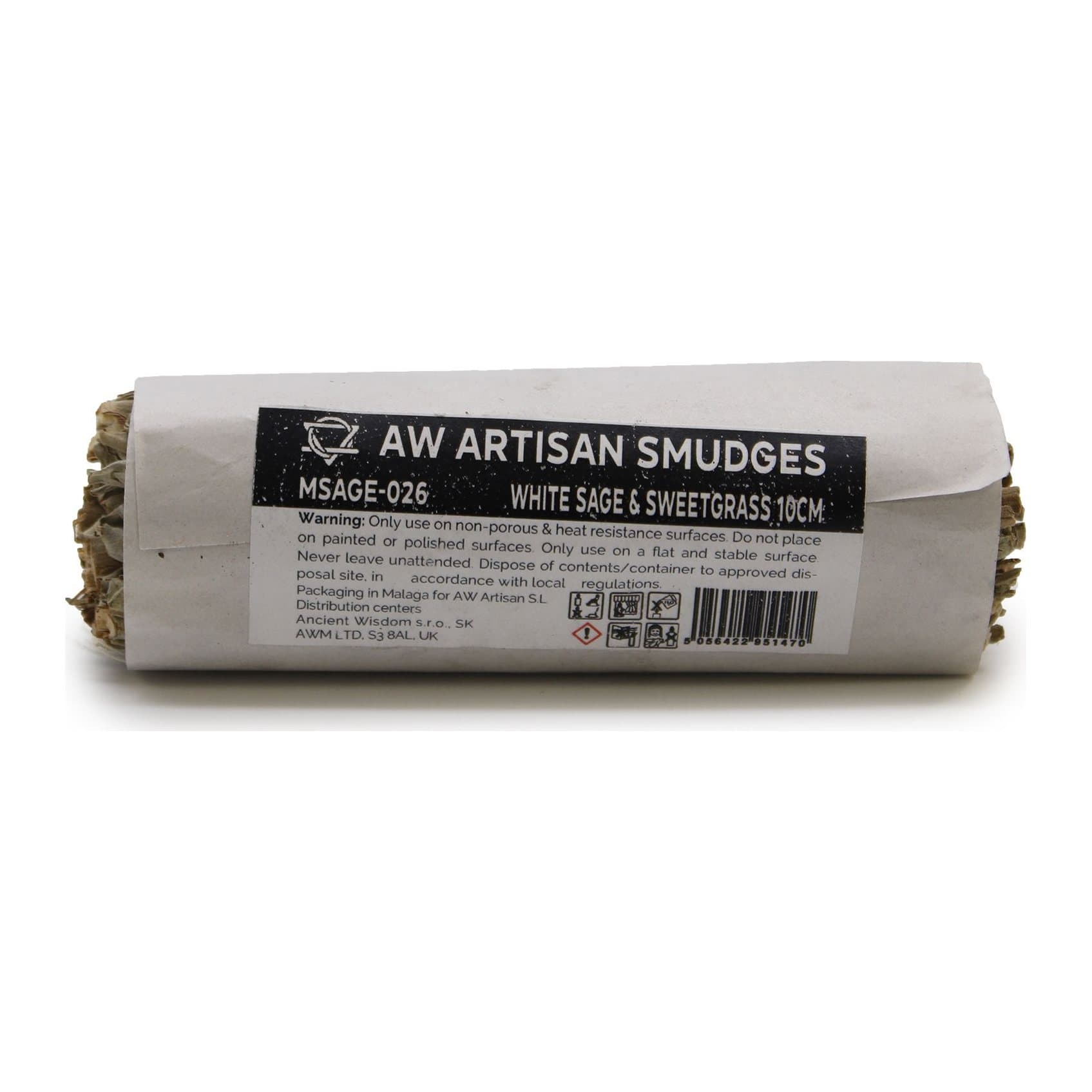 A small white sage and sweetgrass bundle, 10 cm long