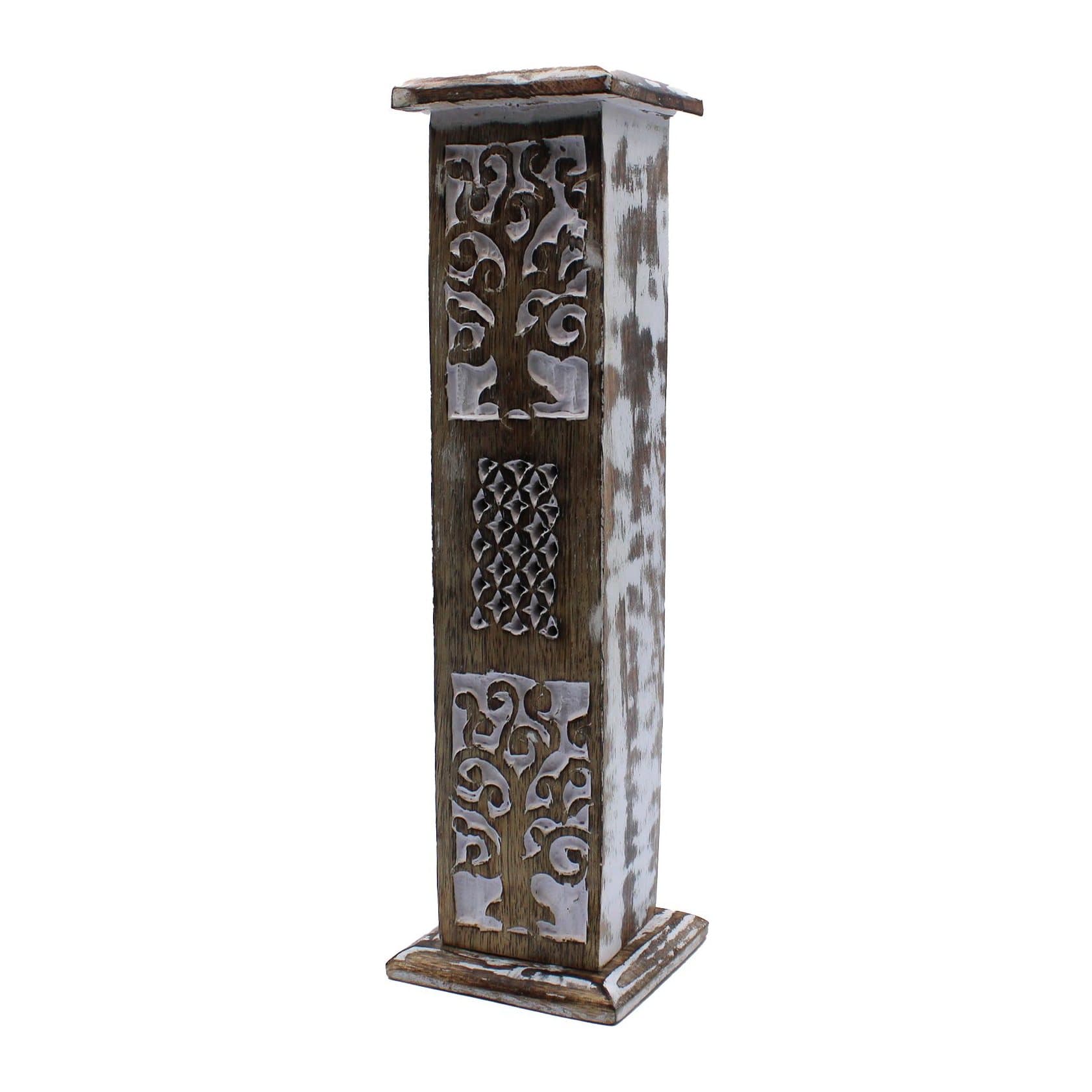 White washed mango wood incense holders in tower, box, pyramid and disc styles