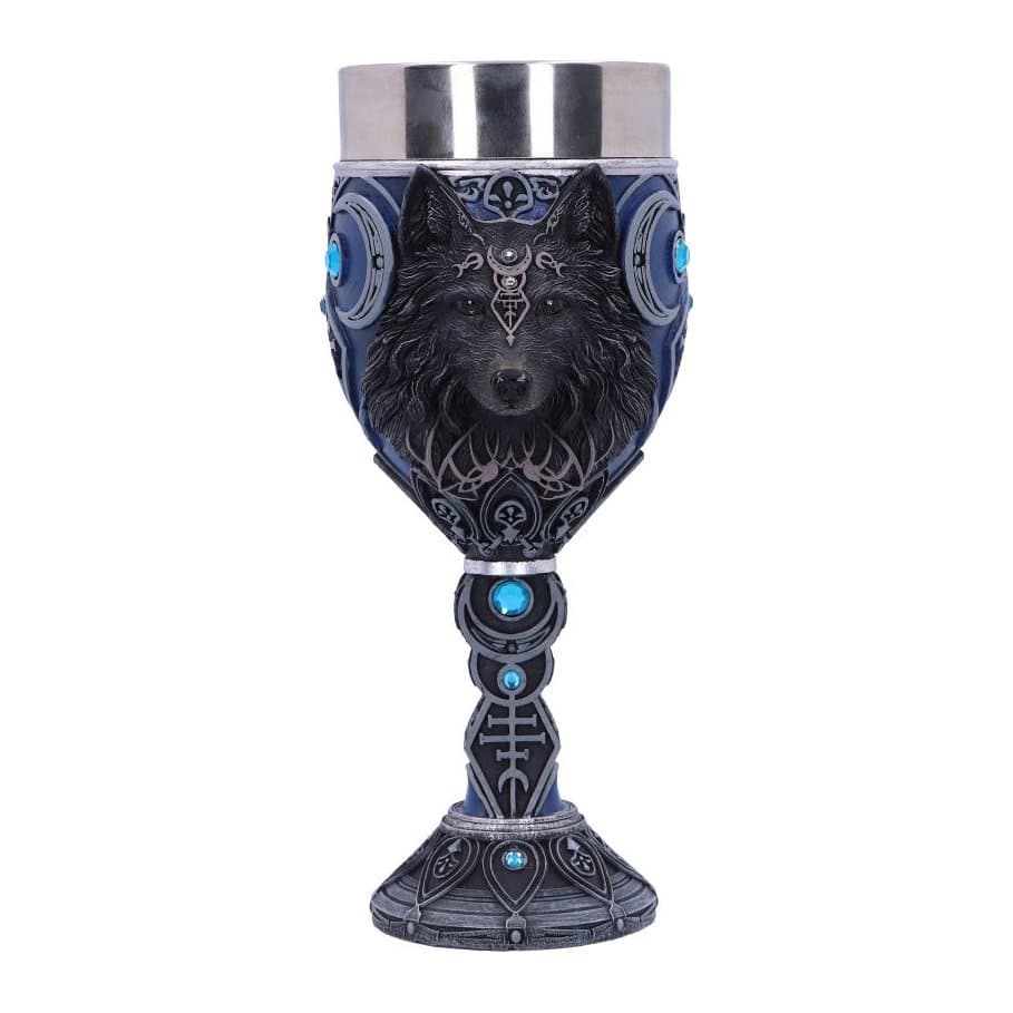 Dark resin goblet with a wolf head, moon phases and blue jewels
