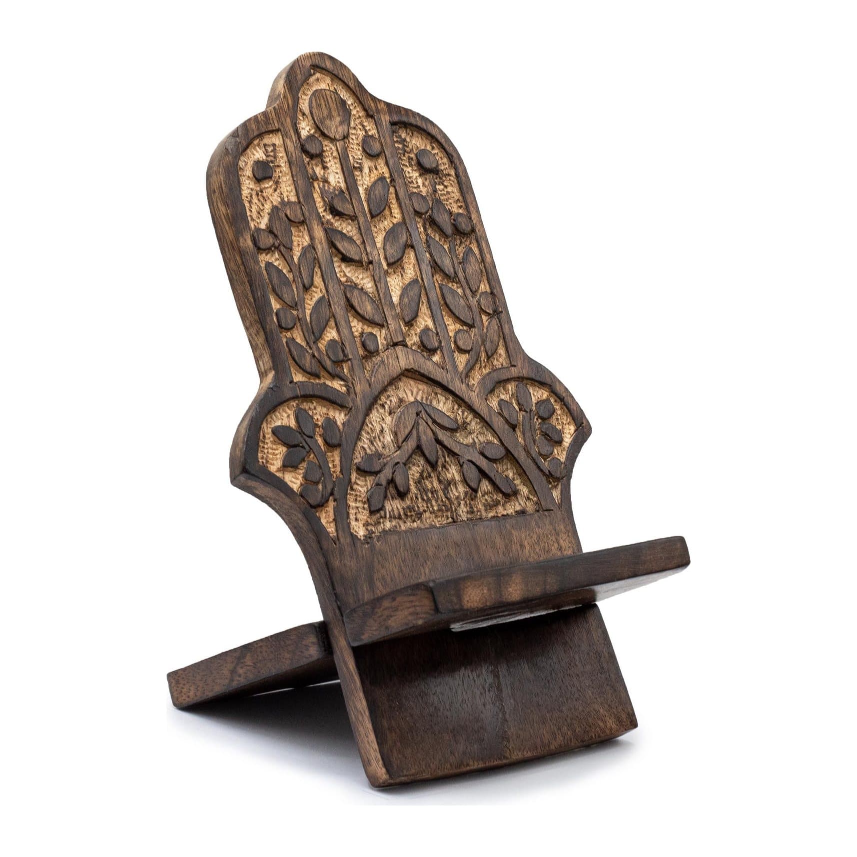 Hand-carved wooden phone stand with a hamsa design