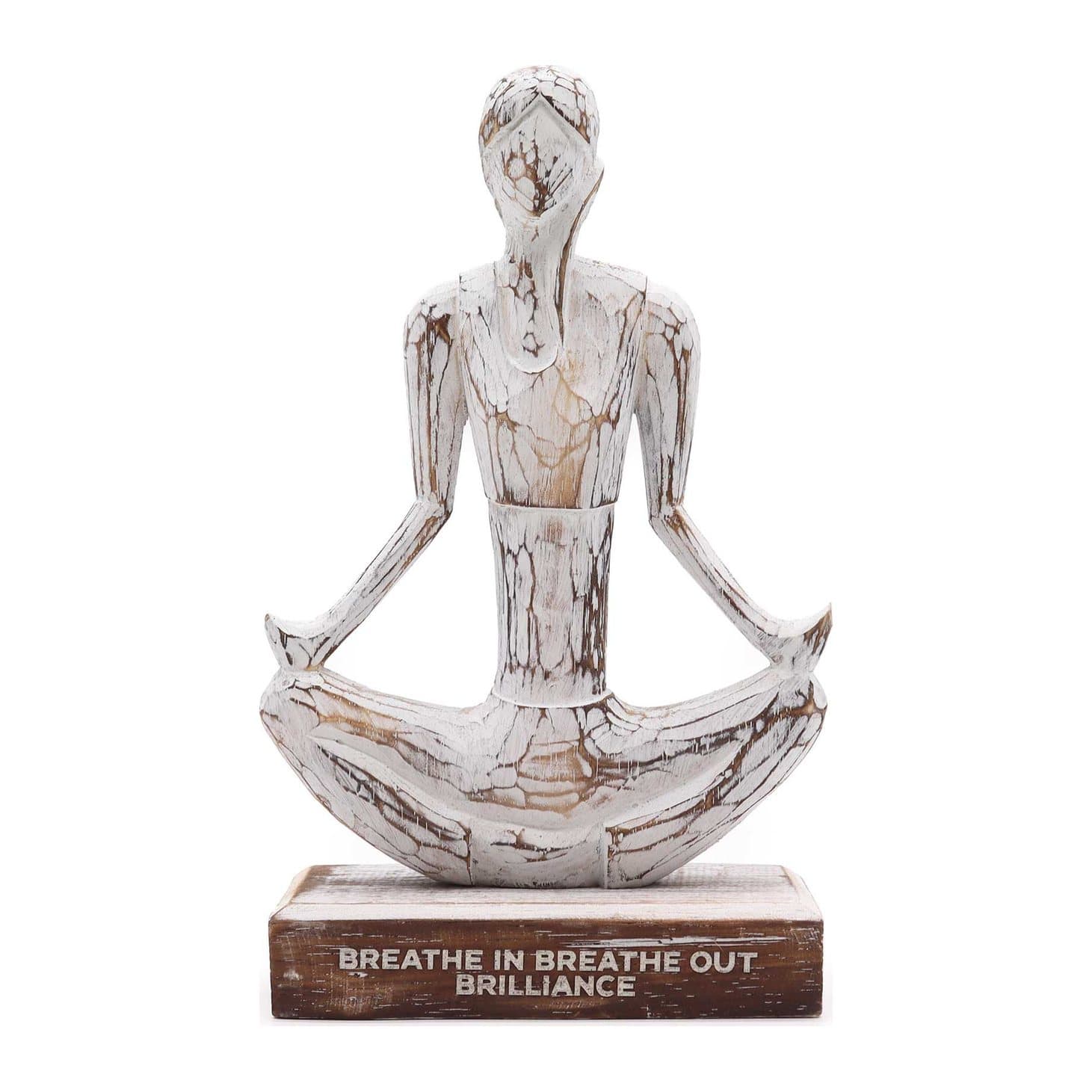 Wooden yoga lady figurine holding a yoga pose in a whitewash finish