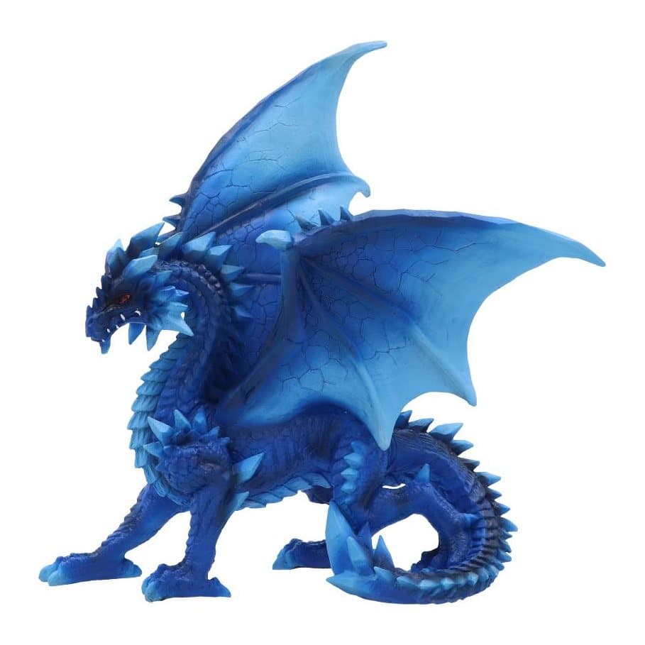 Icy blue dragon figurine with wings and sharp spikes down its neck and tail