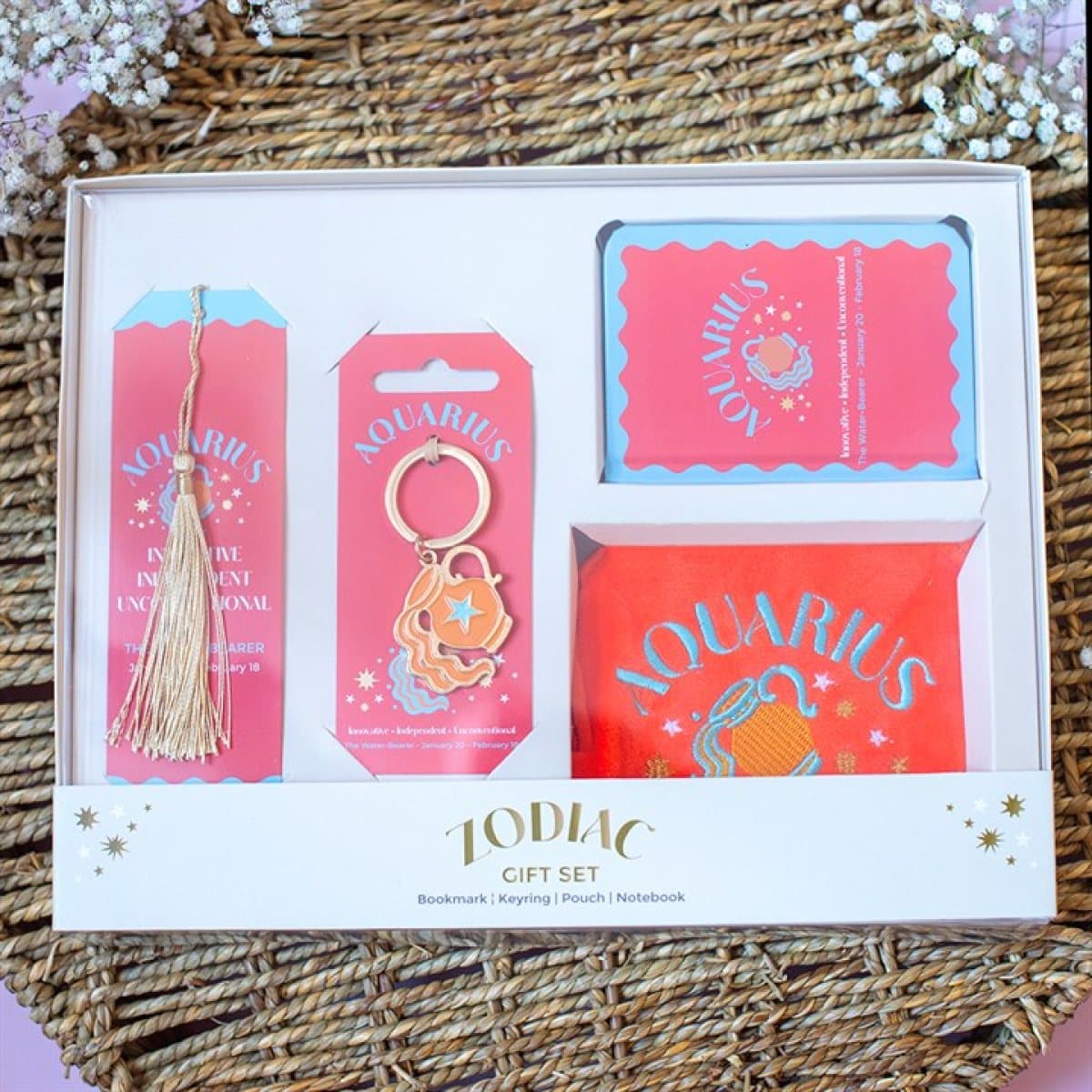 Aquarius zodiac gift set with bookmark, keyring, mini notebook and velvet pouch in a box