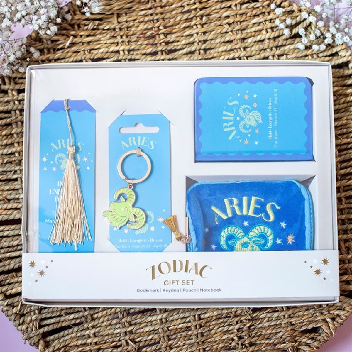 Aries zodiac gift set with bookmark, keyring, mini notebook and pouch in a box