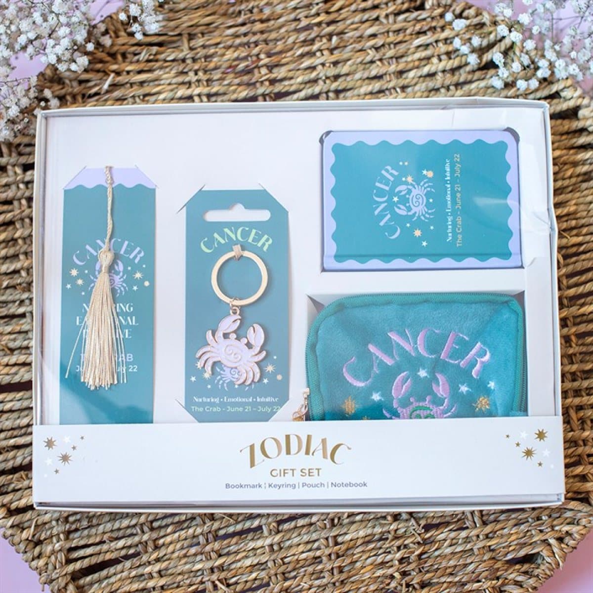 Cancer zodiac gift set with crab-inspired bookmark, keyring, notebook and velvet pouch